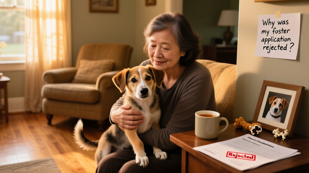 A compassionate person gently holding a young shelter dog in a sunlit living room