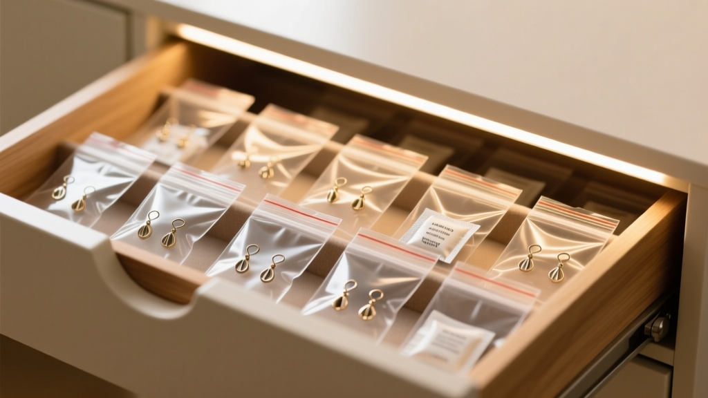 Craft drawer showing sealed bags of earring hooks with anti-tarnish strips and silica gel packets under warm LED lighting