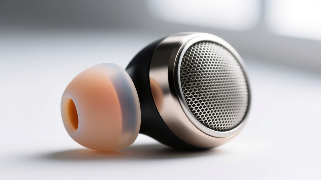 Macro photography of a true wireless earbud silicone tip and exterior microphone mesh, designed to deflect wind shear during outdoor commutes.