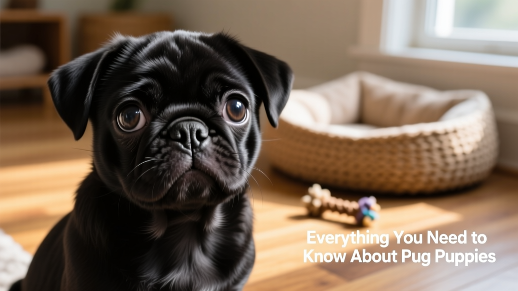 Close-up portrait of a black Pug puppy with bright, curious eyes and softly wrinkled forehead
