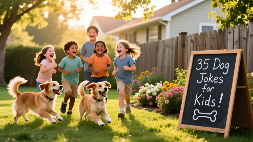 A cheerful group of kids and their dogs laughing together in a sunny backyard