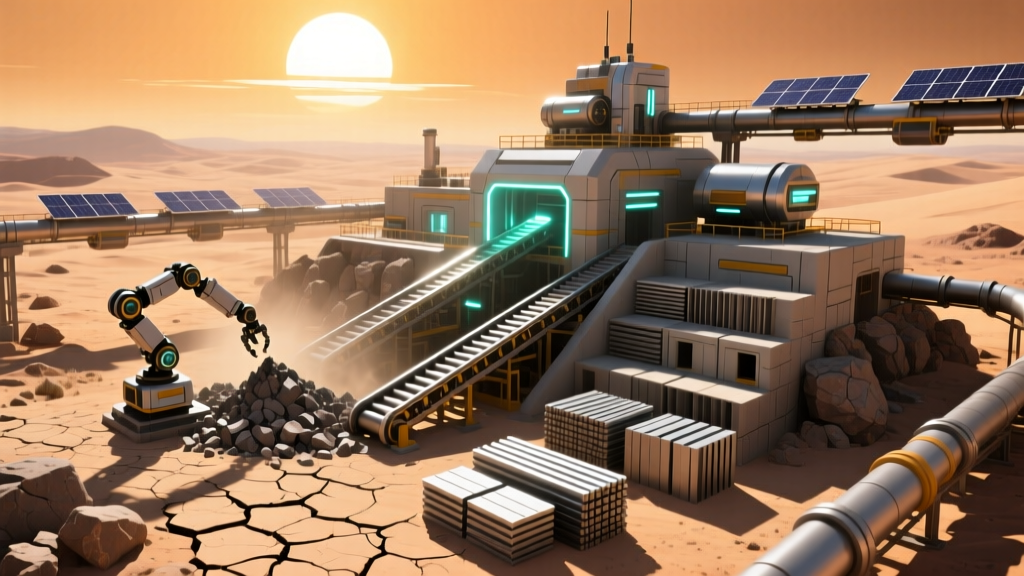 Isometric view of a Kenshi desert base featuring automated ore mines, stone processors, and stacked building materials under a harsh sun
