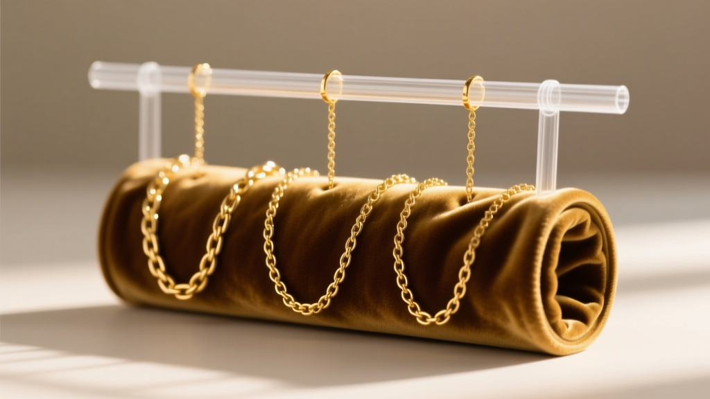 Velvet jewelry roll displaying three gold chains stored separately using the plastic straw threading method in warm natural light