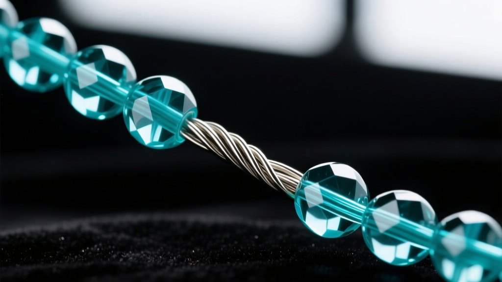 Macro shot of kinked 49-strand steel beading wire through turquoise beads, showing a sharp bend on a dark velvet jeweler