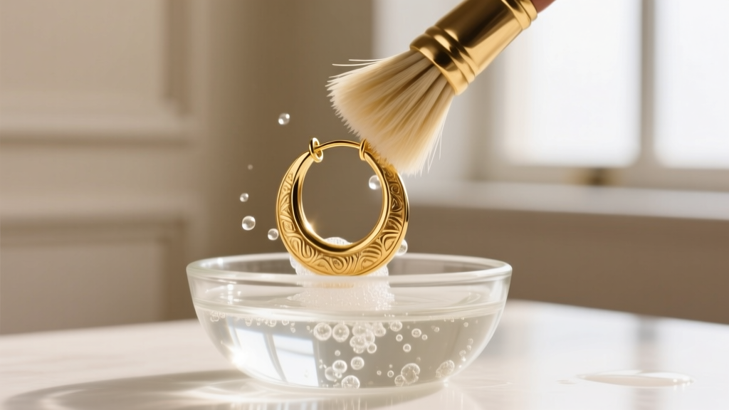 Soft horsehair brush cleaning a textured 18k gold vintage hoop earring submerged in soapy water inside a small clear glass bowl