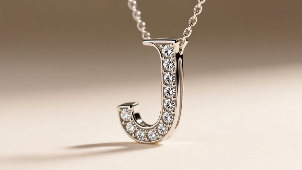 Extreme close-up of a J letter necklace pendant featuring micro-pave lab-grown diamonds catching soft, directional studio lighting