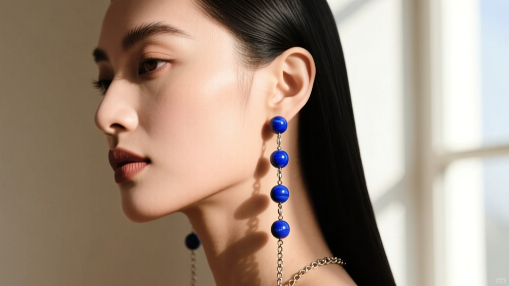 Side profile of a woman wearing long chain ball drop earrings with 4mm lapis beads, designed to elongate and soften a square jaw.