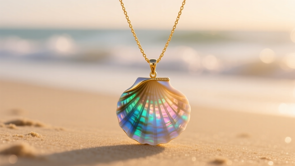 Iridescent abalone scallop pendant on a 1.5mm gold rope chain, styled as an Ariel seashell necklace against soft beach lighting