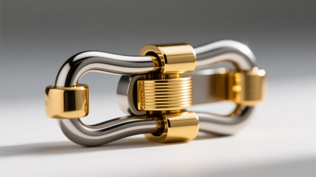 Macro shot of a 316L stainless steel lobster clasp with PVD gold coating, showing precise machining and secure locking mechanism