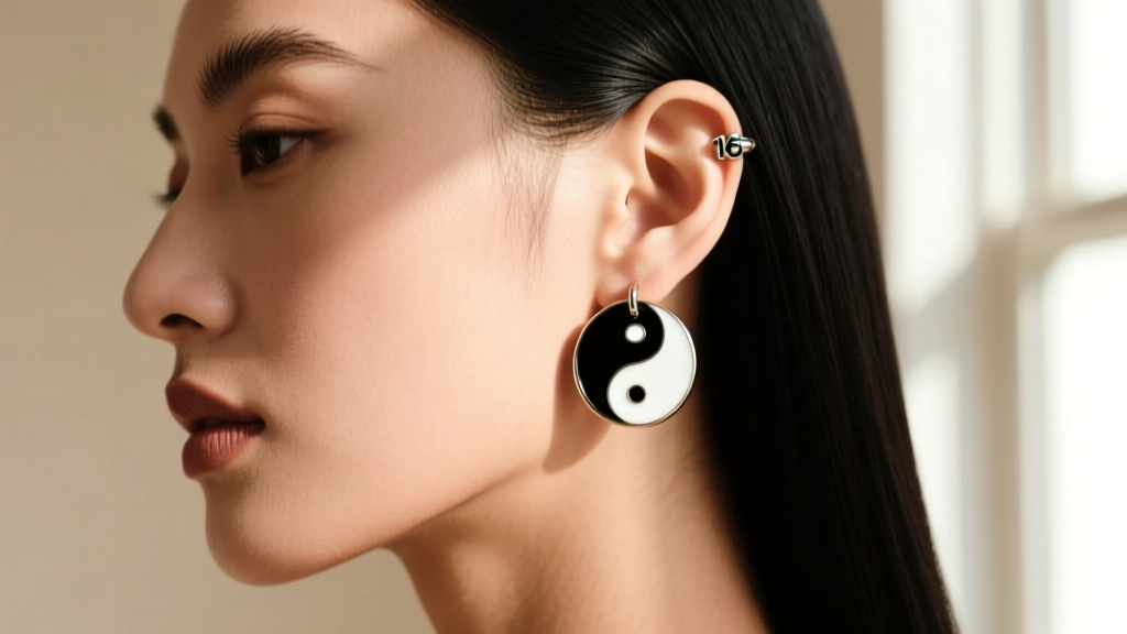 Side profile of a model wearing a 16-gauge black and white enamel yin yang huggie hoop on the upper helix cartilage piercing.