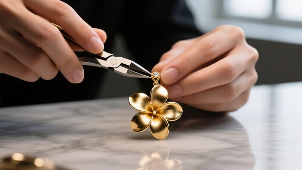 Jeweler hands using nylon pliers to gently reshape a delicate gold plumeria flower pendant under bright, focused bench lighting.