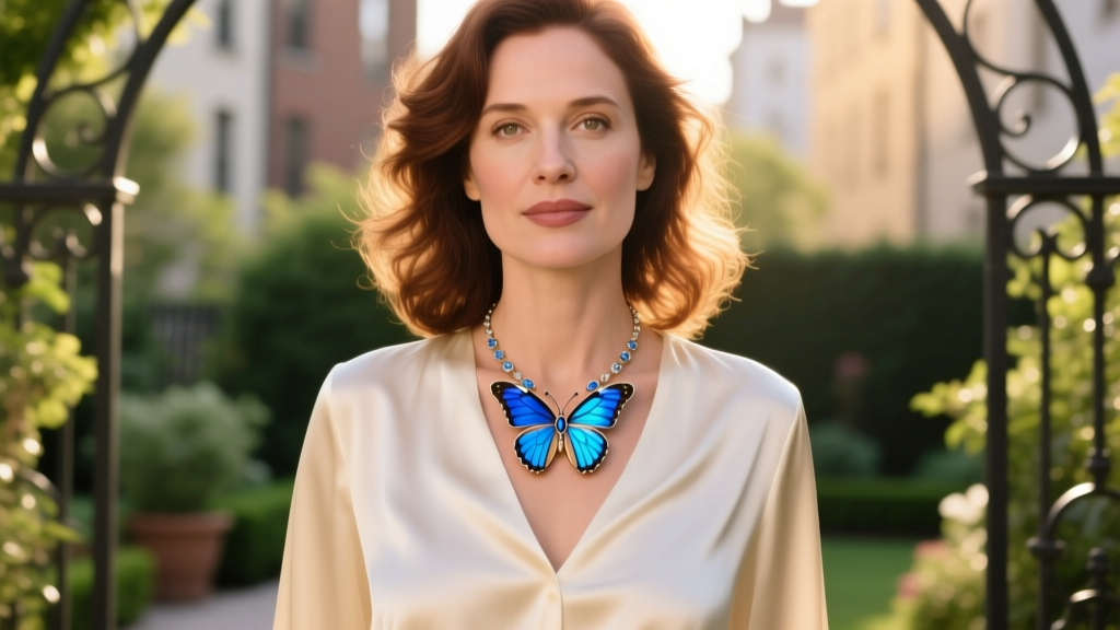 Woman wearing a layered 1970s Avon enamel butterfly slider necklace over a cream silk blouse, highlighting the vibrant blue wings.