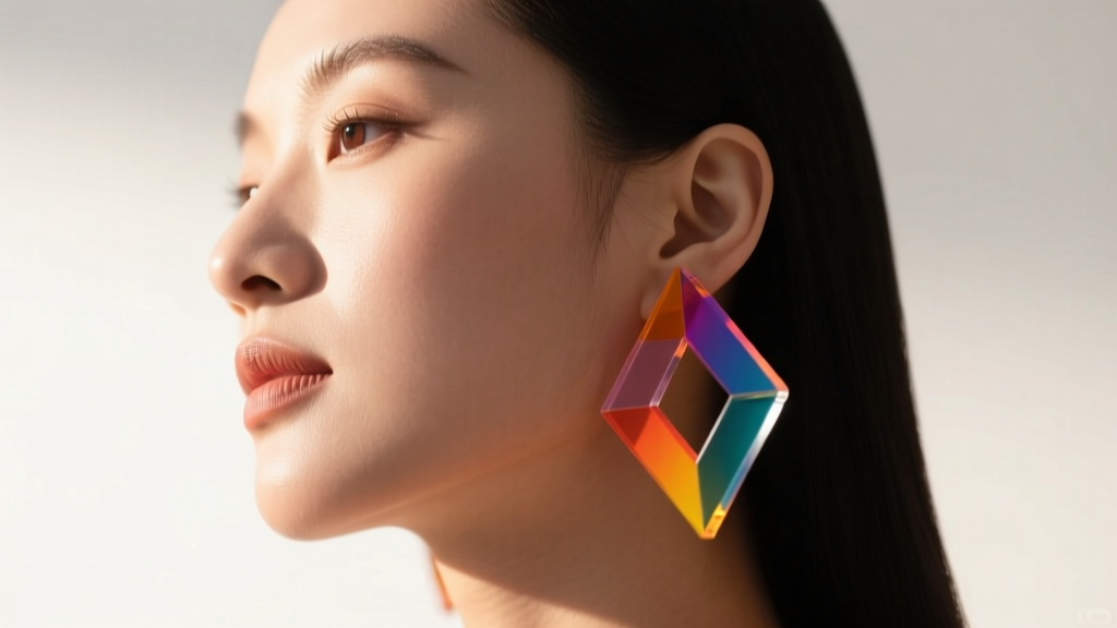 Side profile of a woman with a round face wearing large angular acrylic statement earrings under soft, warm directional lighting.