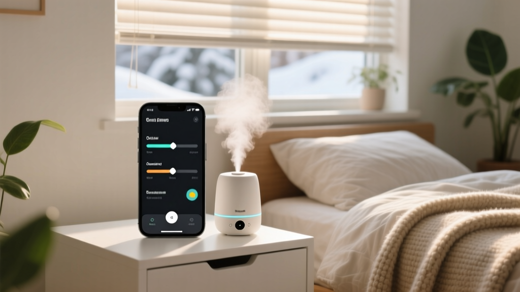 Smartphone app controlling seasonal bedroom routines, adjusting a smart humidifier and automated blind tilt angles for winter comfort.