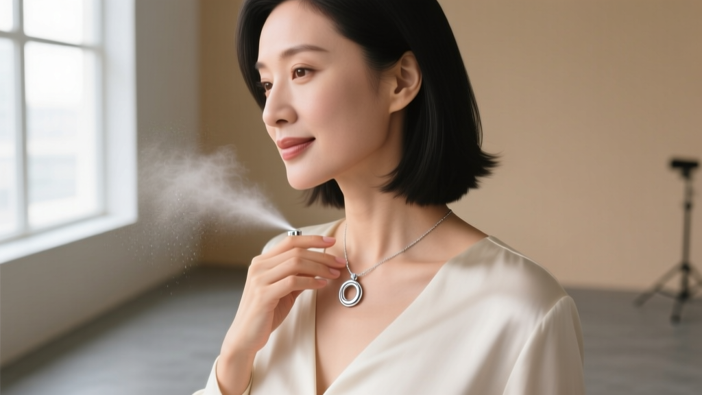 Woman putting on a delicate silver circle pendant necklace, carefully avoiding contact with perfume sprayed on her collarbone.