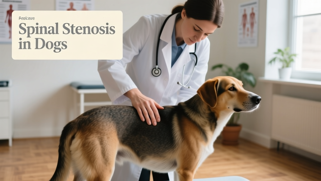 Veterinarian performing a physical exam on a dog, gently palpating the lower back near the pelvis
