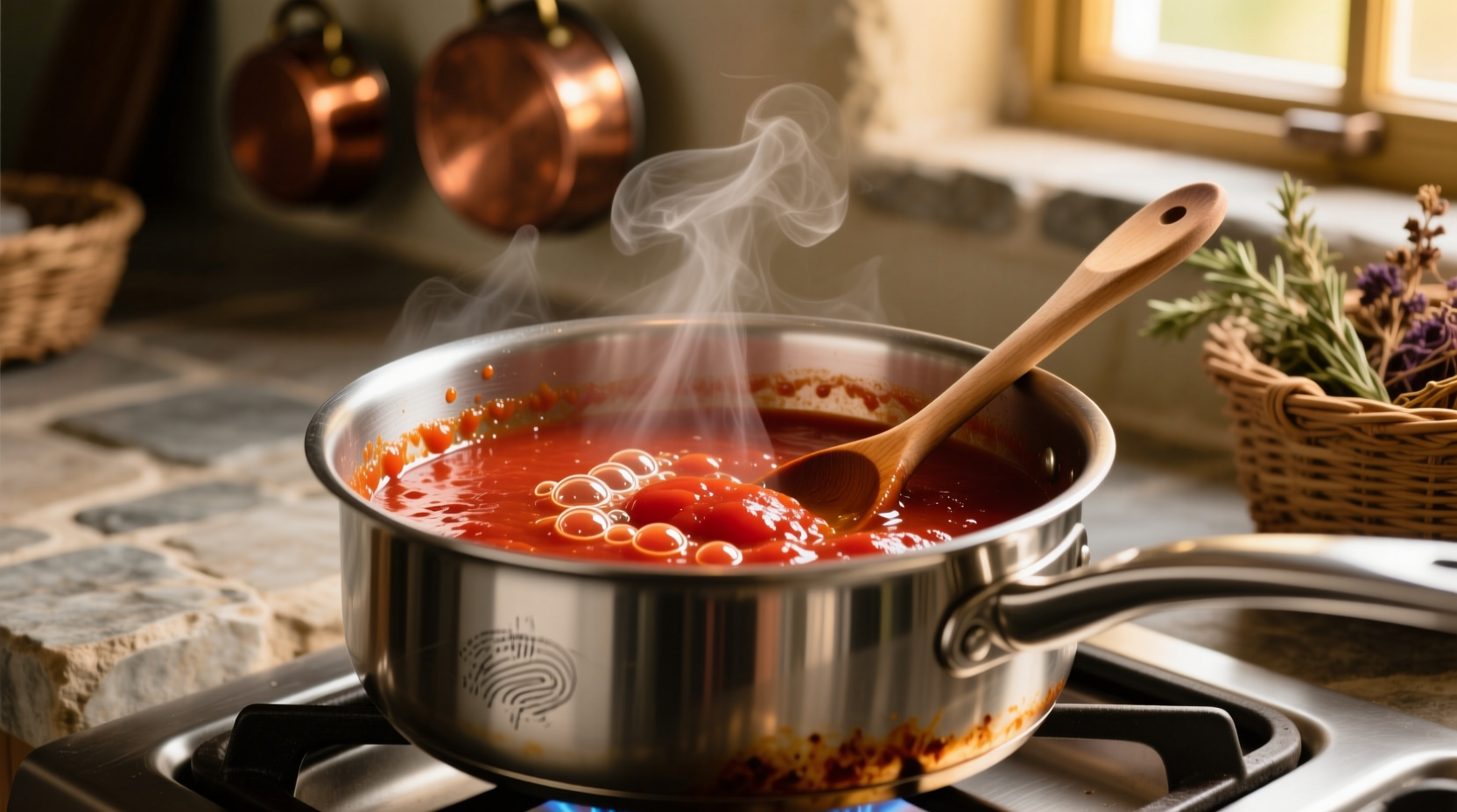 Homemade tomato paste simmering in stainless steel pot