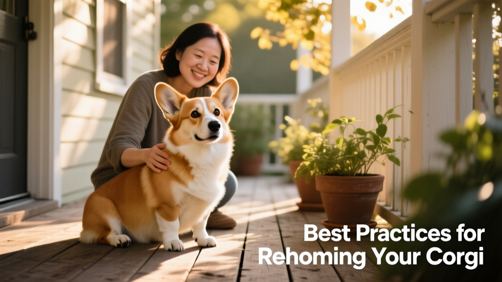 A friendly Corgi sitting calmly beside a loving owner on a sunlit porch