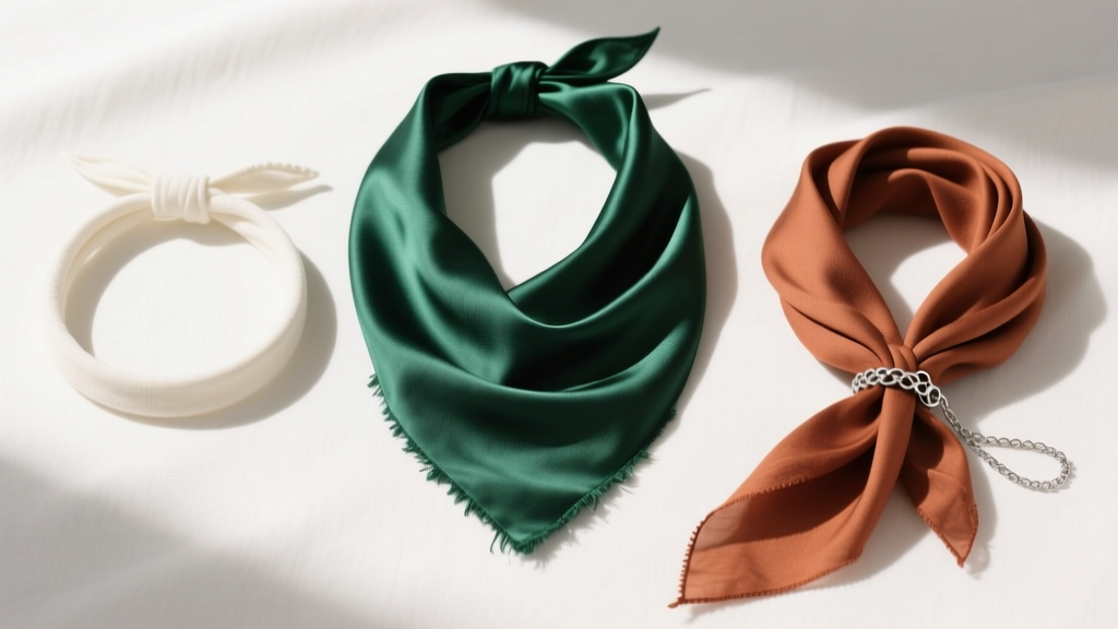 Flat lay of three bandana necklaces: a silk ascot, a cotton choker, and a modal scarf styled with a delicate silver chain clasp