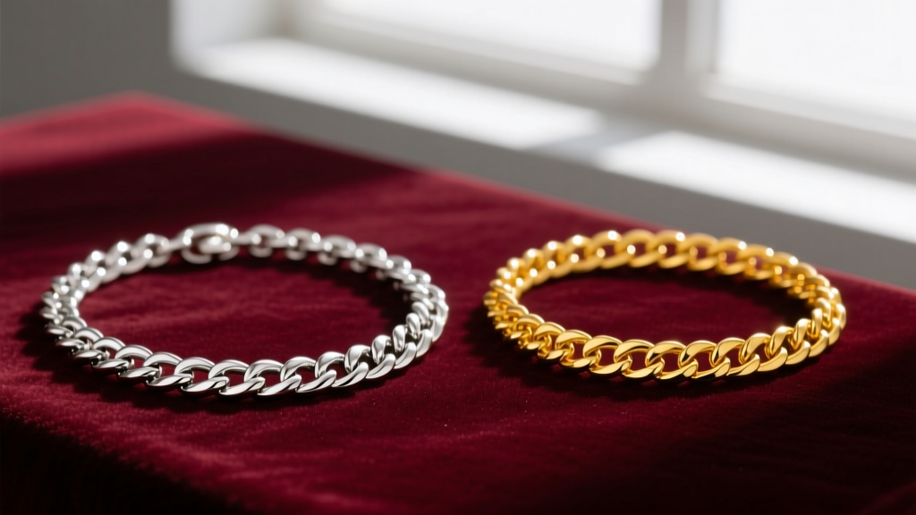 Macro photo of necklaces on velvet, contrasting the cool luster of a platinum chain with the warm glow of 14k yellow gold links.