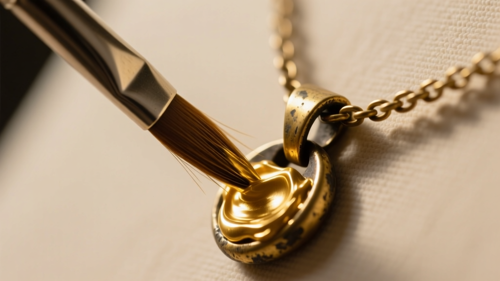 Macro shot of a small brush applying gold wax to a worn brass necklace clasp, highlighting contrast between dull and shiny metal.