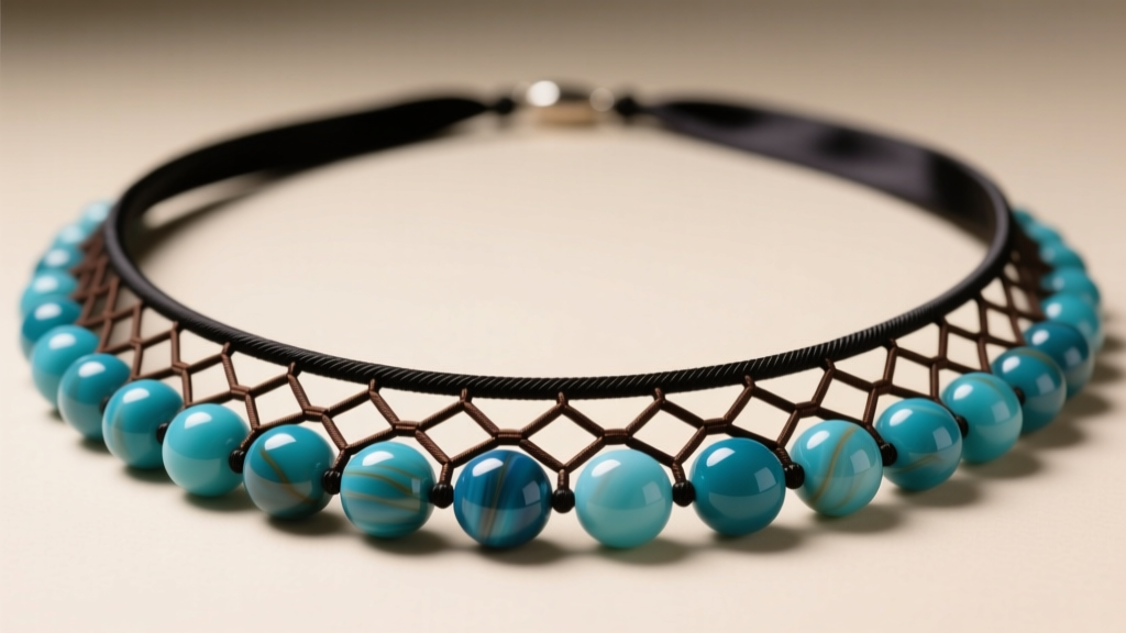 Close-up of a 32-inch long turquoise necklace with smooth blue beads and dark brown spiderweb matrix strung on dark silk thread.