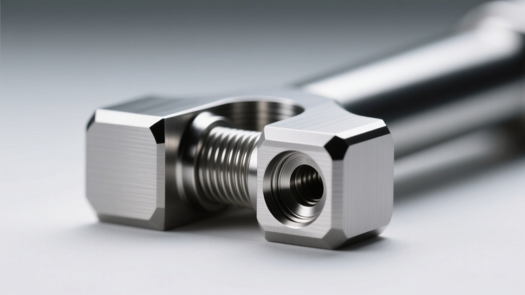 Macro photo of 14-gauge implant titanium surface bar showing wide rectangular footplates and an internal threading mechanism