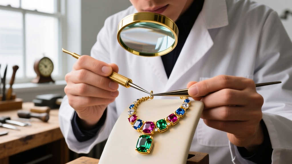Jeweler using a brass pusher tool to carefully tighten a prong on a multi color stone necklace clasp under a magnifying loupe