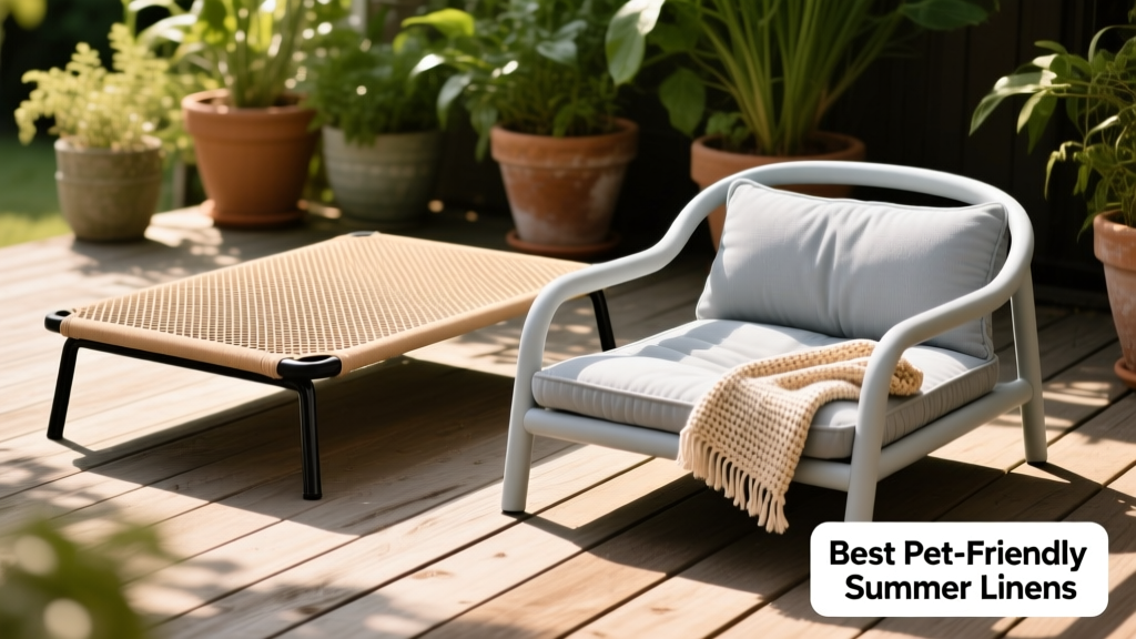 Two elevated dog beds side-by-side—one with a tan mesh surface, the other with a light gray frame and curved backrest—on a shaded patio