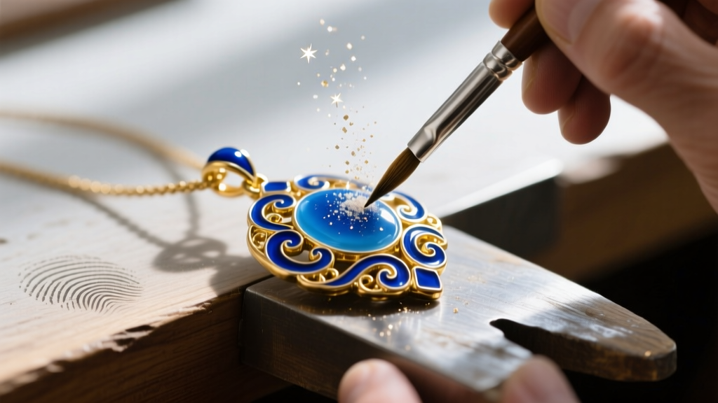 Blue enamel and gold pendant repaired on a workbench using a fine brush and vitreous glass powder under a bright jeweler's lamp