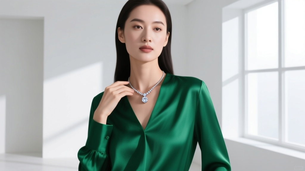 Elegant woman in a silk emerald green blouse wearing a solitary 1.5-carat dangling diamond necklace catching soft window light
