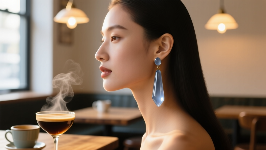 Side profile of model wearing long smoky quartz drop earrings resembling an espresso martini, soft warm cafe lighting