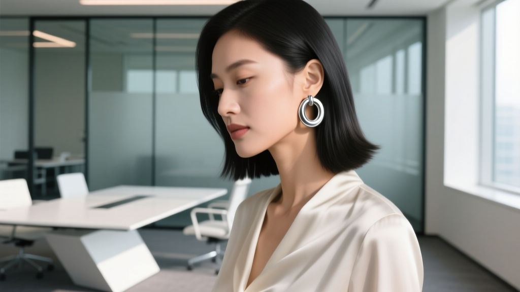 Side profile of a woman wearing matte silver chunky double hoop earrings, silk blouse, modern office background, soft natural light