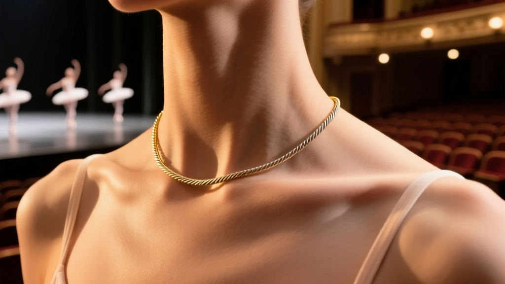 Close-up of a ballet dancer collarbone wearing a minimalist titanium cable chain necklace under soft warm theatrical stage lights