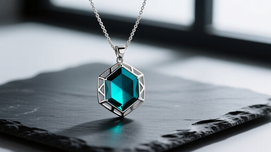 Sterling silver mood necklace pendant on dark slate, displaying a vibrant teal thermochromic color shift in soft lighting