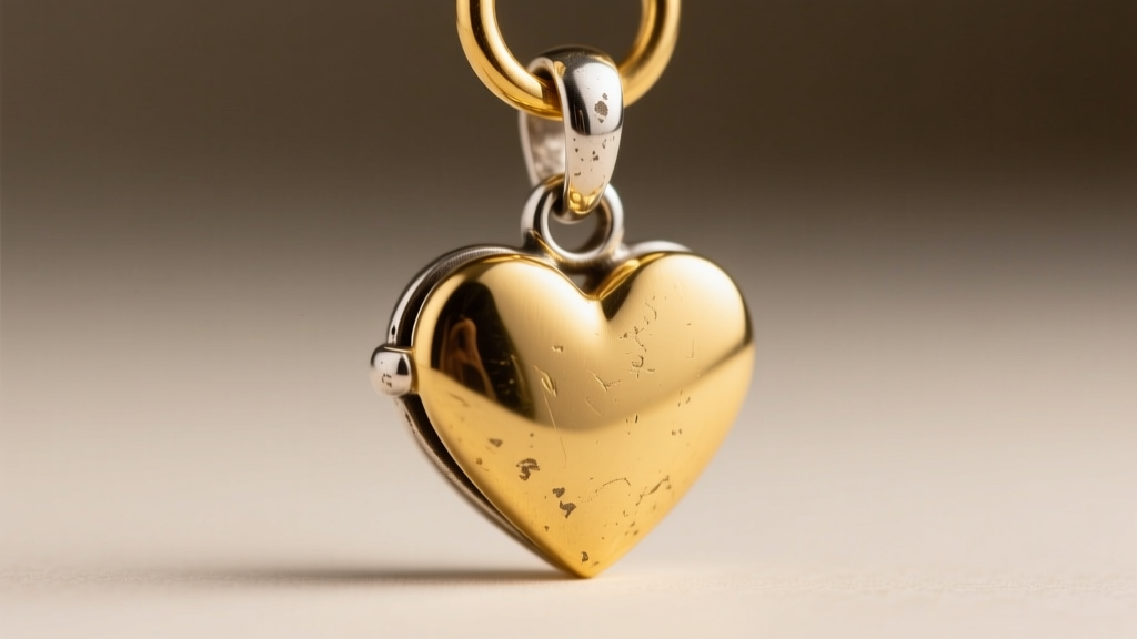 Macro photo of a gold vermeil heart pendant jump ring showing slight wear on the sterling silver base metal underneath the clasp.