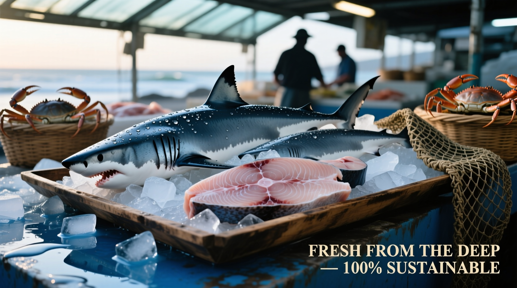 Fresh shark fillets on ice at a seafood market