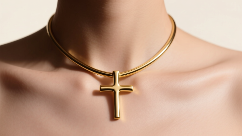 14k gold sideways cross pendant resting flat on a collarbone, showing a seamless tube bail under soft, warm studio lighting.