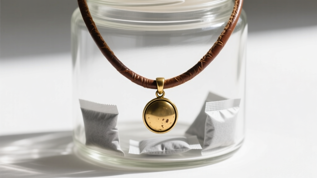 Aged leather cord necklace with a brass bezel stored in an airtight glass jar with anti-tarnish strips and silica gel packets.