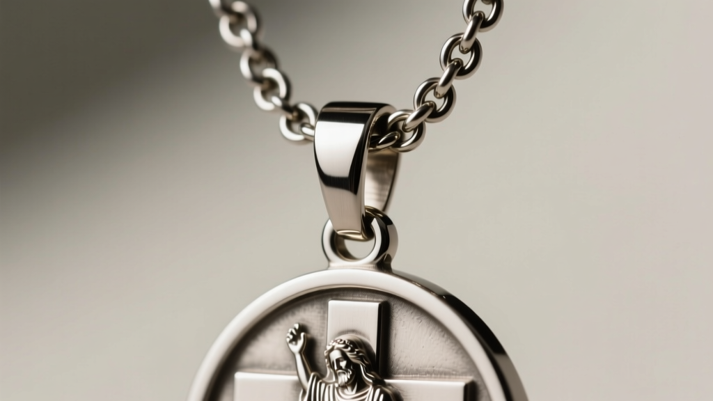 Stainless steel rolo chain threaded through the bail of a heavy Saint Christopher medal, showing the secure link connection.