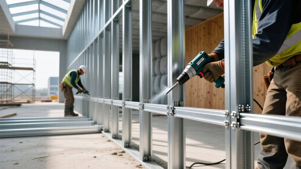 Workers installing silver galvanized light-gauge steel framing studs and tracks on a commercial site using pneumatic screw guns