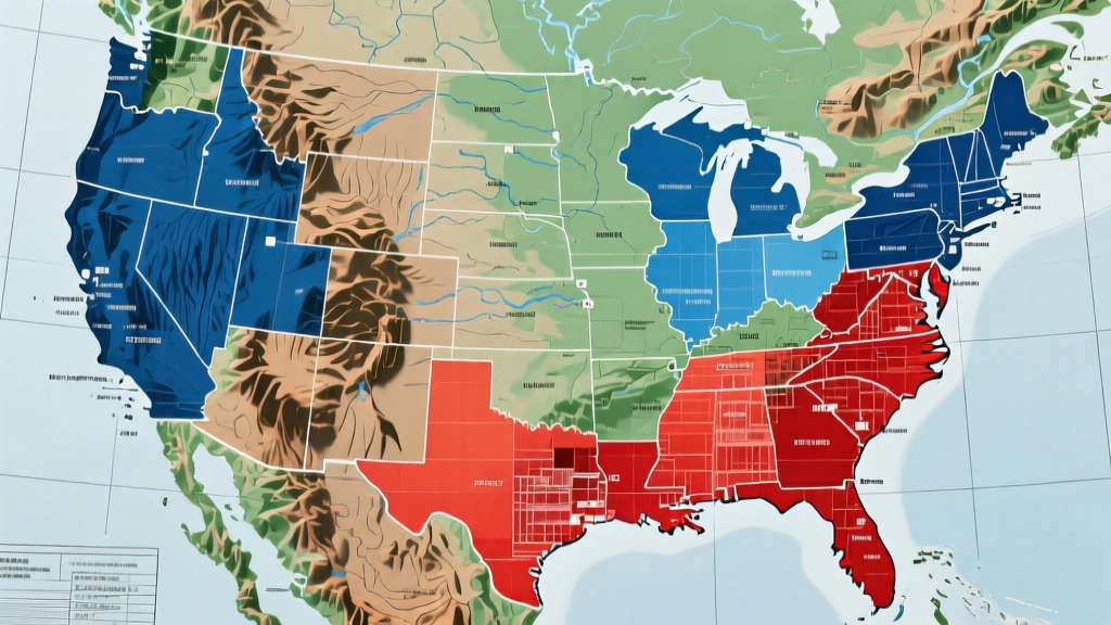 Architectural blueprint overlaid on a topographic map of the United States highlighting regional construction cost zones in varying shades of blue and red
