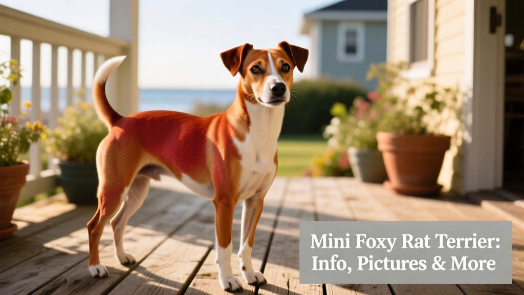 An adult Mini Foxy Rat Terrier standing confidently on a wooden deck, showing off its lean build and short, glossy coat
