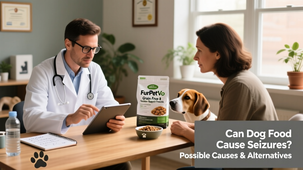 A veterinarian reviewing lab results and discussing a personalized nutrition plan with a dog owner, with FurPetVo packaging visible on the desk