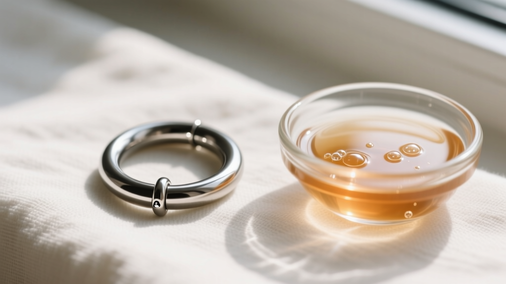Close-up of an 11mm 16-gauge titanium clicker hoop resting on a cloth next to a small glass bowl of warm saline cleaning solution