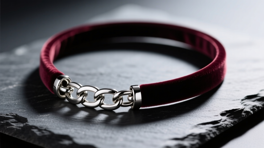 Macro shot of a silver extender chain attached to a velvet choker necklace, resting on dark slate with dramatic side lighting