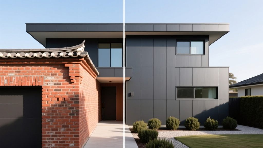 Exterior split view of traditional red clay brick masonry on left and dark gray fiber cement siding on right of a modern home