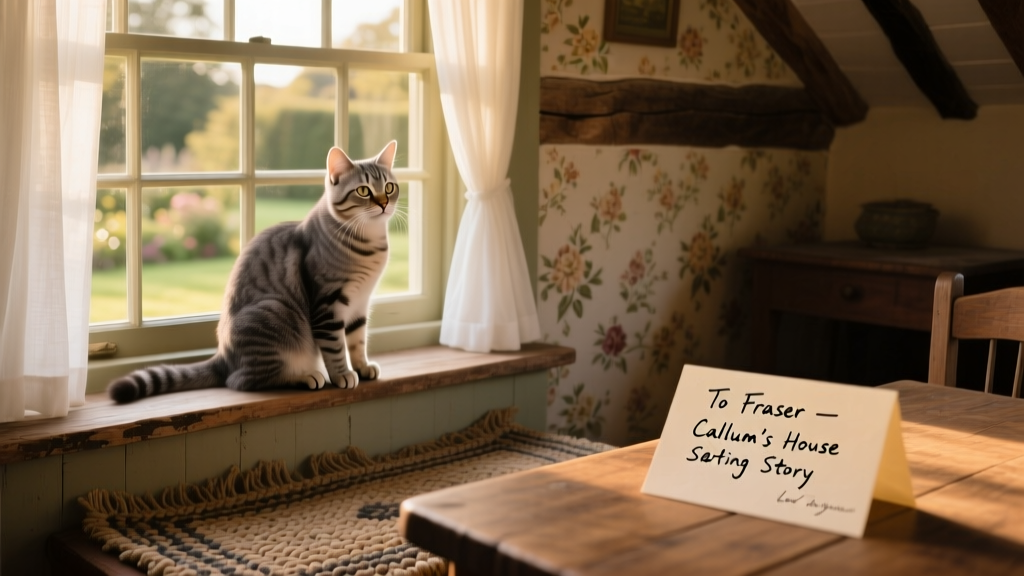 A playful grey cat sitting calmly on a sunlit windowsill in a cozy country home