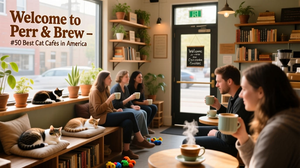 A cozy, sunlit cat café interior with guests sipping coffee while cats lounge on shelves, windowsills, and plush cushions