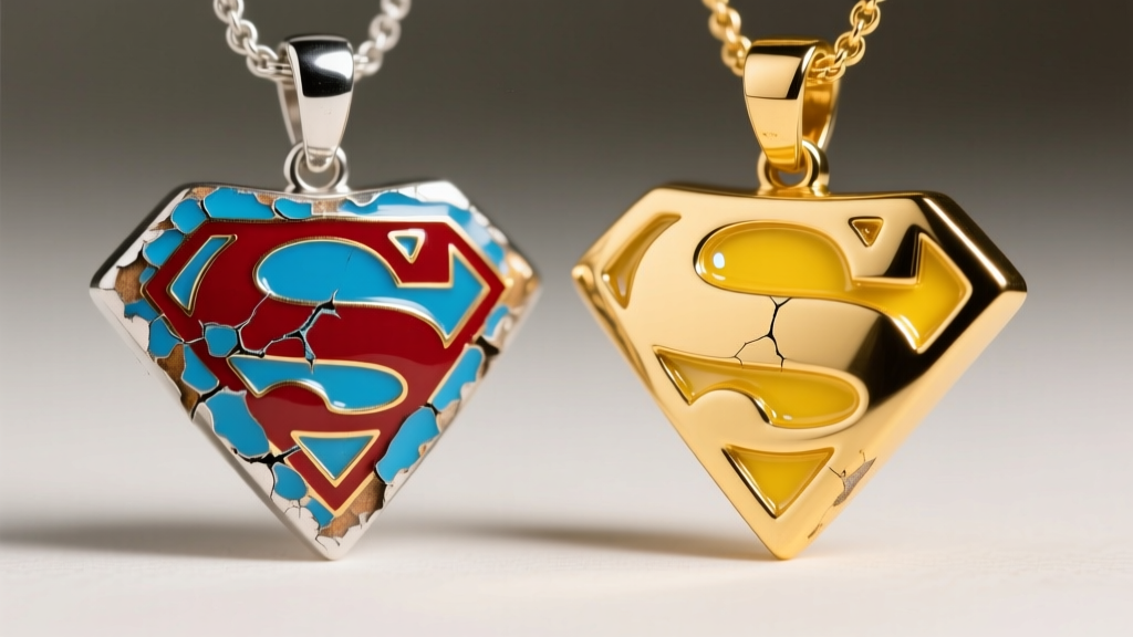 Macro shot of peeling epoxy enamel on a cheap pendant next to flawless kiln-fired enamel on a solid gold Superman S-shield.